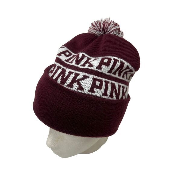 Victorias Secret PINK Beanie Hat Winter Cap Maroon White Knit - Picture 1 of 11